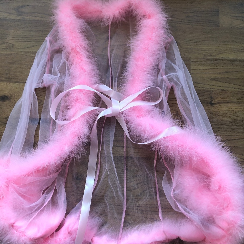 Dolls Kill Robe Baby Pink Feather Lingerie Sheer Punk Goth Stripper one size